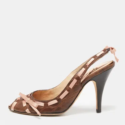 Pre-owned Giuseppe Zanotti Brown Croc Embossed Leather Bow Slingback Sandals Size 34