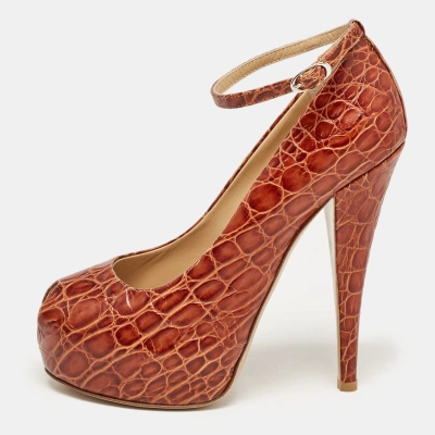 Pre-owned Giuseppe Zanotti Brown Croc Embossed Leather Peep Toe Platform Pumps Size 38.5