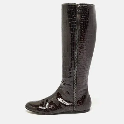 Pre-owned Giuseppe Zanotti Brown Croc Embossed Patent Leather Ringotto Knee Length Boots Size 38.5