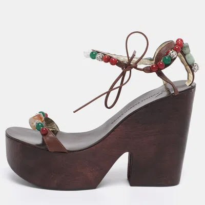 Giuseppe Zanotti Brown Leather Beads And Stone Embellished Wedge Sandals