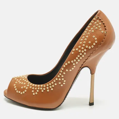 Giuseppe Zanotti Brown Leather Studded Peep Toe Pumps