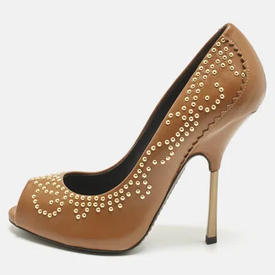 Pre-owned Giuseppe Zanotti Brown Leather Studded Peep Toe Pumps Size 38