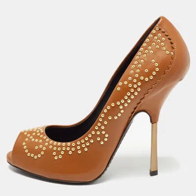 Pre-owned Giuseppe Zanotti Brown Leather Studded Peep Toe Pumps Size 38