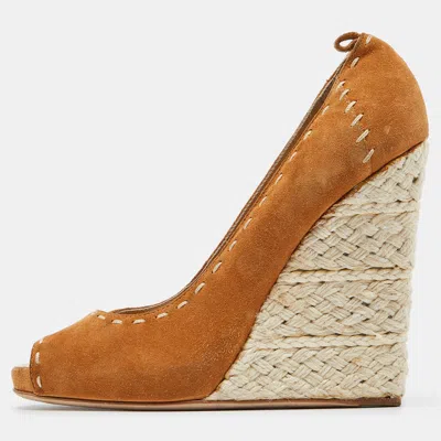 Pre-owned Giuseppe Zanotti Brown Suede Espadrille Wedge Ankle Strap Peep Toe Pumps Size 39 In Beige