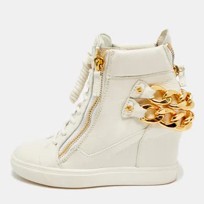 Pre-owned Giuseppe Zanotti Chain Detail Size 37.5 White Leather High Top Wedge Sneakers
