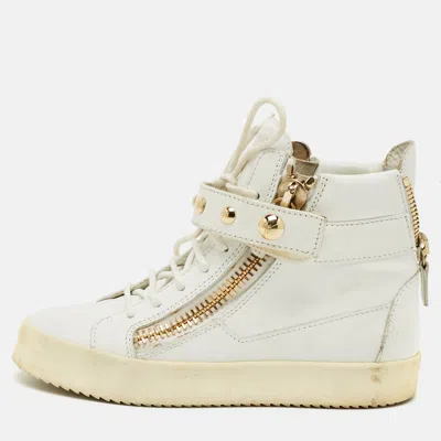 Pre-owned Giuseppe Zanotti Coby Size 37.5 White Leather Double Zip High Top Sneakers