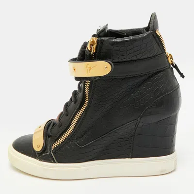 Pre-owned Giuseppe Zanotti Coby Size 39.5 Black Croc Embossed Leather High Top Sneakers