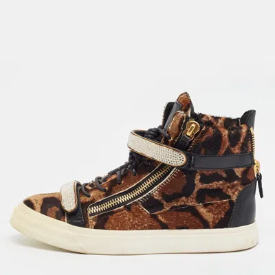 Pre-owned Giuseppe Zanotti Coby Size 39.5 Brown Leopard Print Calf Hair And Leather Crystal Embellished High Top Sneakers
