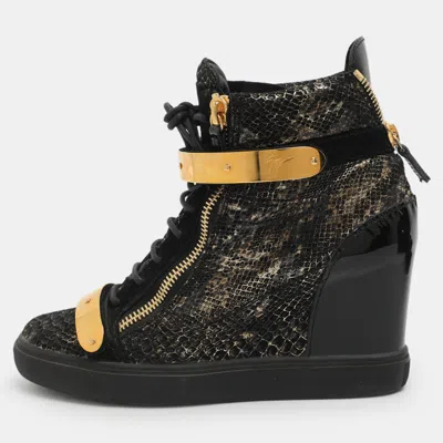Pre-owned Giuseppe Zanotti Coby Size 41 Black/gold Python Print Leather High Top Sneakers