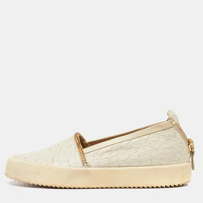 Pre-owned Giuseppe Zanotti Cream Croc Embossed Leather Slip-on Sneakers Size 40 In White