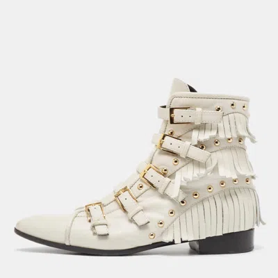 Pre-owned Giuseppe Zanotti Cream Leather Studded And Fringed Buckled Ankle Boots Size 39