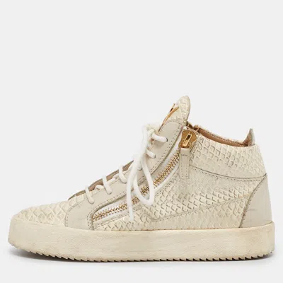 Pre-owned Giuseppe Zanotti Cream Python Embossed Leather Double Zip High Top Sneakers Size 37