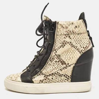 Pre-owned Giuseppe Zanotti Cream/black Leather And Python Embossed Leather Coby Sneakers Size 36.5