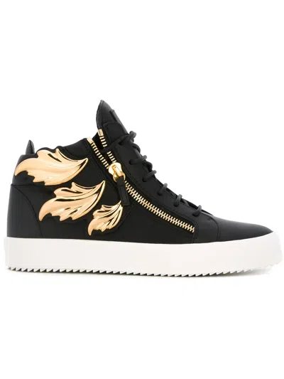 Giuseppe Zanotti Black Golden Leaf Applique High Top Sneakers
