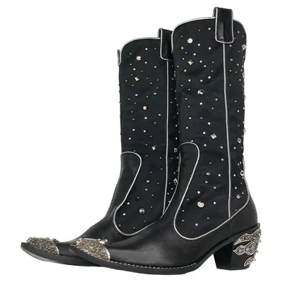 Pre-owned Giuseppe Zanotti Crystals Studded Pull On Western Cowgirl Heeled Boots 37.5 In Black