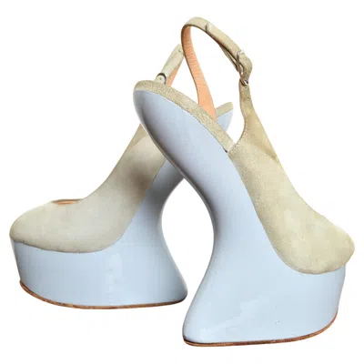 Pre-owned Giuseppe Zanotti Dove Grey Suede Peep Toe Platform Heel Less Slingback Eu 37.5 In Gray