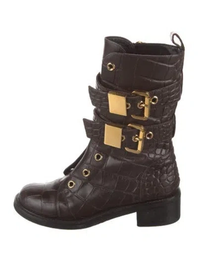 Pre-owned Giuseppe Zanotti Embossed Leather Animal Print Combat Boots In Brown