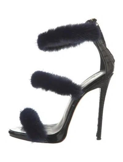 Pre-owned Giuseppe Zanotti Embossed Leather Fur Trim Sandals In Black