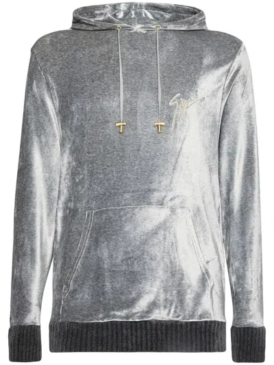 Giuseppe Zanotti Embroidered-logo Velvet Hoodie In Grau