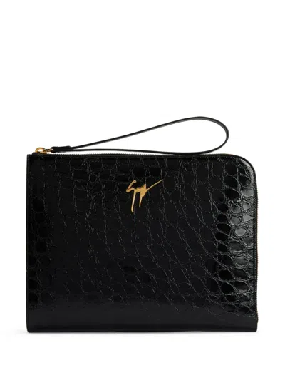 Giuseppe Zanotti Fabian Crocodile-embossed Leather Pouch In 黑色