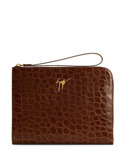 Giuseppe Zanotti Fabian Crocodile-embossed Leather Pouch In 褐色