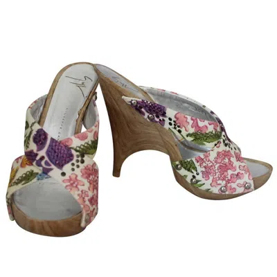 Pre-owned Giuseppe Zanotti Floral Print Rhinestone Wedges - 35 In Gray