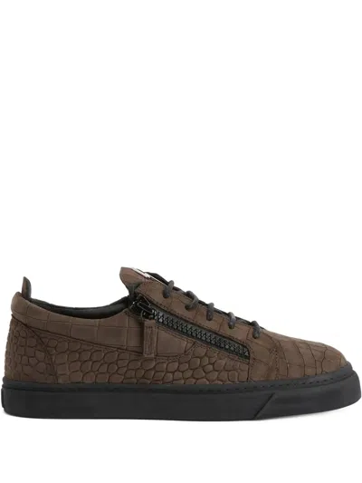 Giuseppe Zanotti Frankie Crocodile-effect Zip Sneakers In Brown