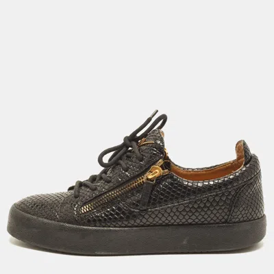 Pre-owned Giuseppe Zanotti Frankie Double Zip Size 42 Black Python Embossed Leather Low Top Sneakers