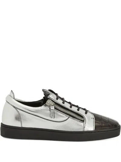 Giuseppe Zanotti Frankie Metallic Crocodile-effect Sneakers In Gray