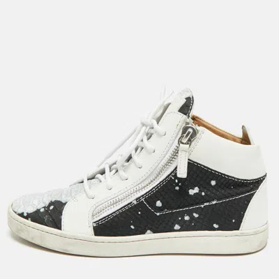 Pre-owned Giuseppe Zanotti Frankie Size 38 Tricolor Leather And Python Embossed High Top Sneakers In White