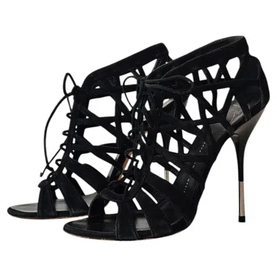 Pre-owned Giuseppe Zanotti Giusseppe Zanotti Lace Up Gladiator Suede Cage Black Heels Size 40