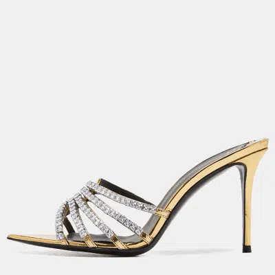 Pre-owned Giuseppe Zanotti Gold Laminated Leather Crystal Embellished Slide Sandals Size 37 In Black