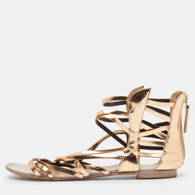 Pre-owned Giuseppe Zanotti Gold Leather Ankle Cuff Flat Sandals Size 38.5