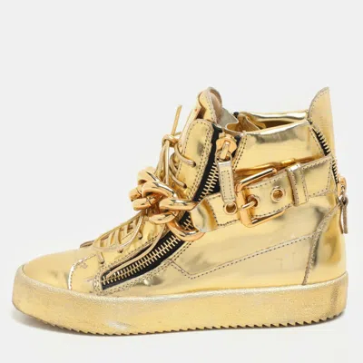 Pre-owned Giuseppe Zanotti Gold Leather Chain High Top Sneakers Size 37.5