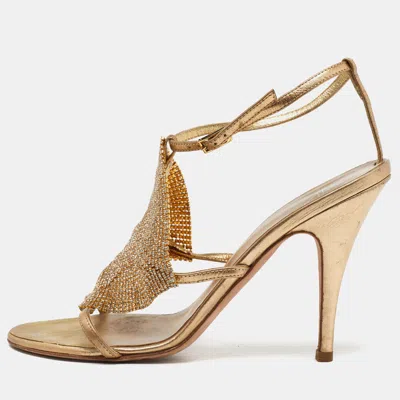 Pre-owned Giuseppe Zanotti Gold Leather Crystal Embellished Sandals Size 38.5