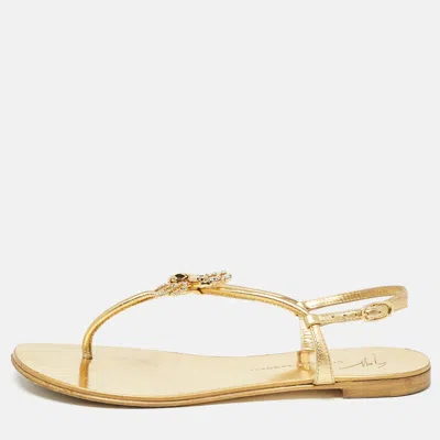 Pre-owned Giuseppe Zanotti Gold Leather Crystal Embellished Scorpio Flat Sandals Size 37
