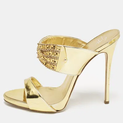 Pre-owned Giuseppe Zanotti Gold Leather Crystal Embellished Slide Sandals Size 39