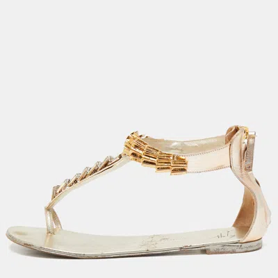 Giuseppe Zanotti Gold Leather Embellished Ankle Strap Flat Sandals