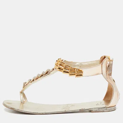 Pre-owned Giuseppe Zanotti Gold Leather Embellished Ankle Strap Flat Sandals Size 41