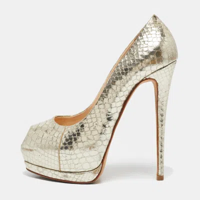 Pre-owned Giuseppe Zanotti Gold Python Embossed Leather Peep Toe Platform Pumps Size 38