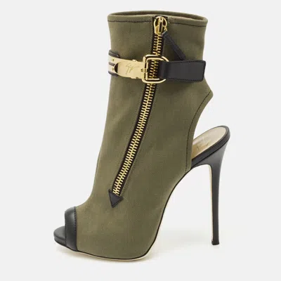 Pre-owned Giuseppe Zanotti Green Canvas And Leather Roxie Peep Toe Cut Out Ankle Boots Size 40