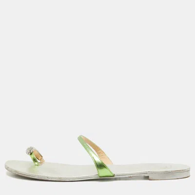 Pre-owned Giuseppe Zanotti Green Leather Crystal Embellished Toe Ring Flat Slides Size 41