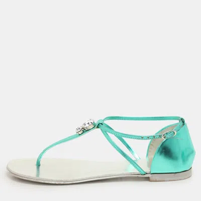 Pre-owned Giuseppe Zanotti Green Leather Embellished Flat Sandals Size 36