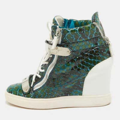 Pre-owned Giuseppe Zanotti Green/white Python Embossed Patent Leather And Suede Coby Wedge Sneakers Size 40
