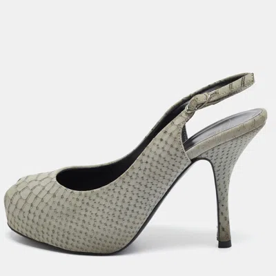 Pre-owned Giuseppe Zanotti Grey Embossed Python Peep Toe Platform Slingback Pumps Size 37.5