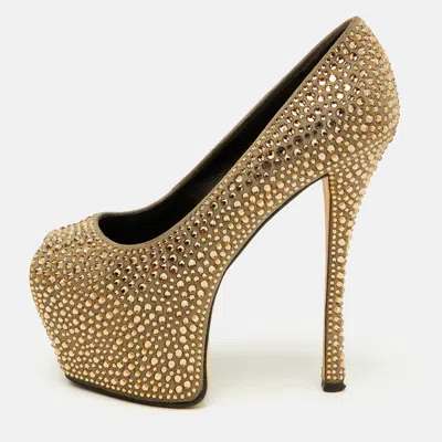 Giuseppe Zanotti Grey Suede Crystal Embellished Exaggerated Platform Pumps In Gold