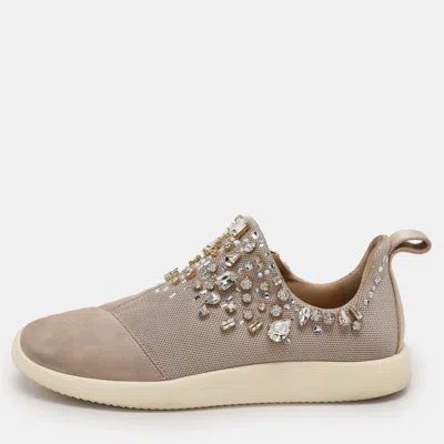 Pre-owned Giuseppe Zanotti Grey/beige Crystal Embellished Suede And Mesh May London Slip On Sneakers Size 39