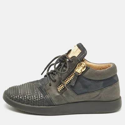 Pre-owned Giuseppe Zanotti Grey/black Fabric And Leather High Top Sneakers Size 39