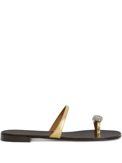 Giuseppe Zanotti Crystal Jewel Thin Strap Leather Sandals In Gold