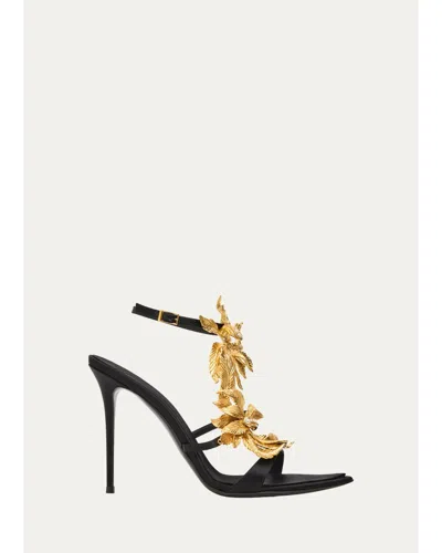 Giuseppe Zanotti Incanto Oro 105mm 3d-floral Satin Sandals In Black